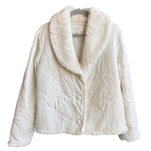 White House Black Market Elegant Cream Faux Fur Collar Quilted Jacket Size XL